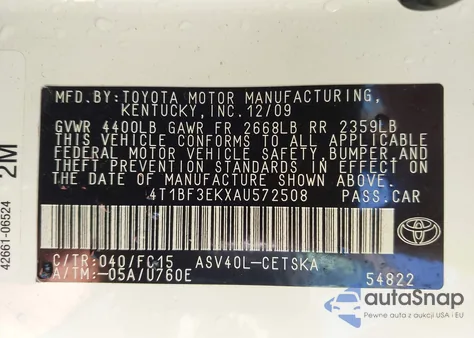 2010 Toyota Camry Se from USA, damaged, VIN 4T1BF3EKXAU572508